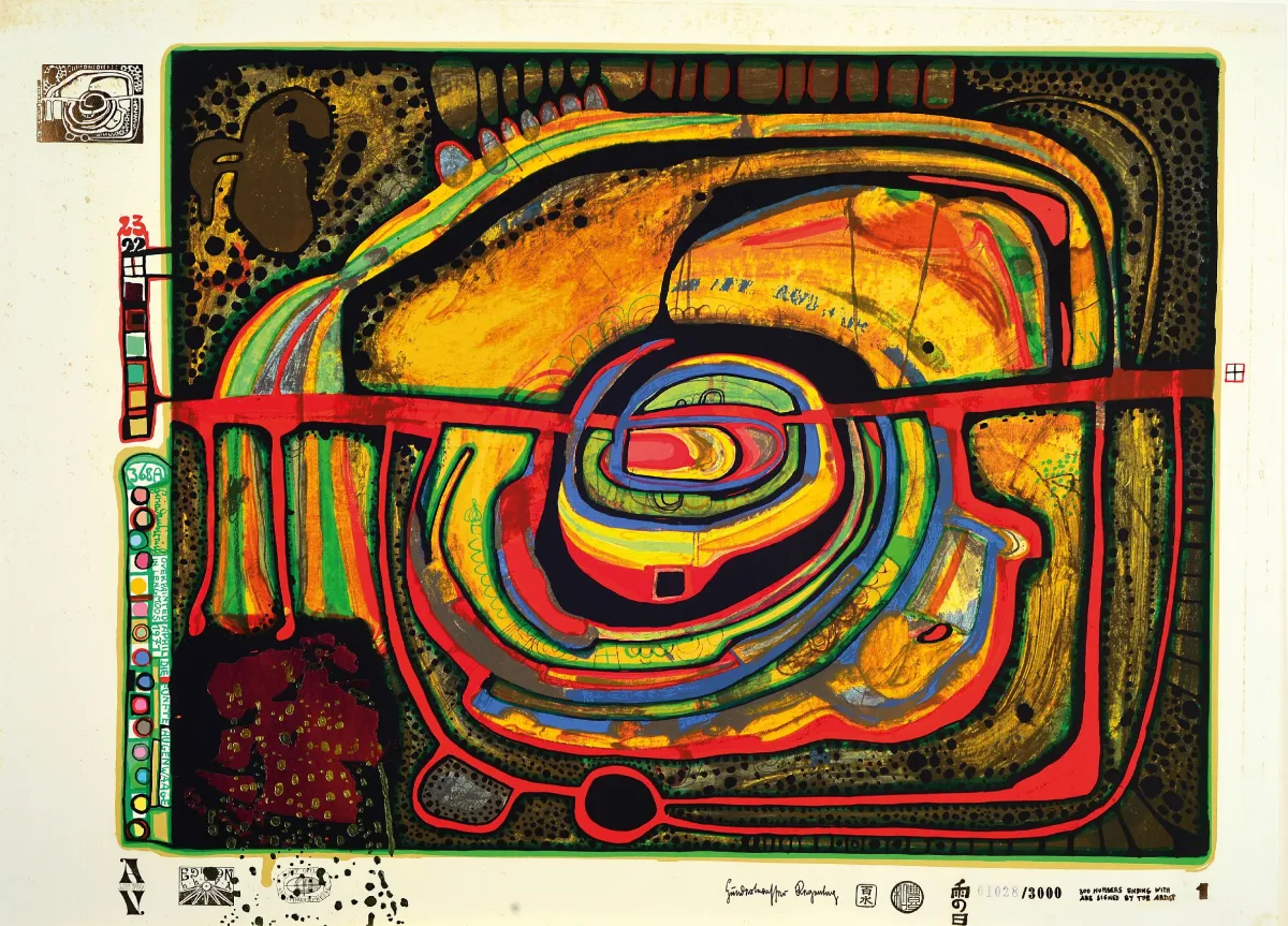 Friedensreich Hundertwasser, 1928-2000, sítotisk s kovovým ražením a lakem