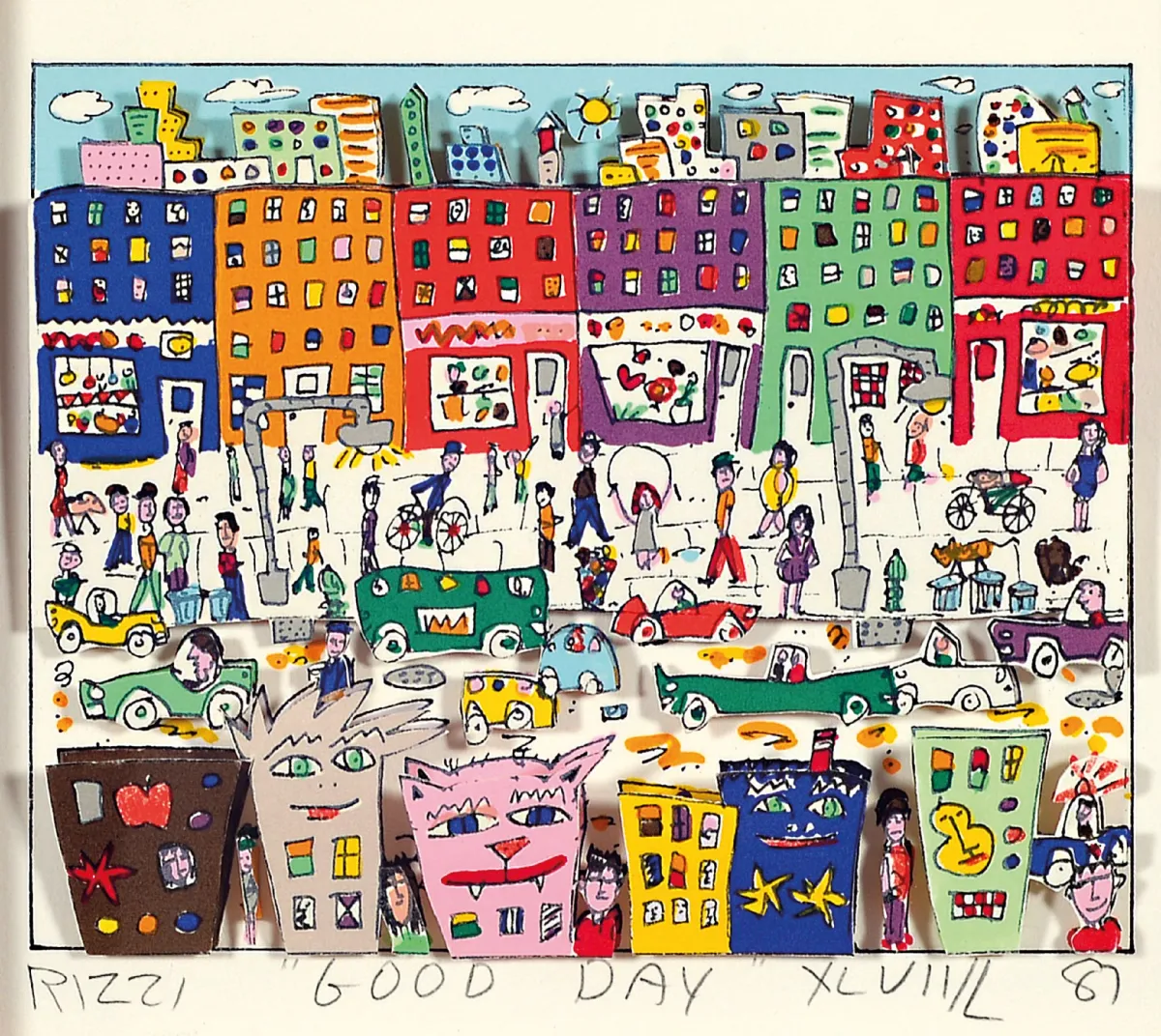James Rizzi, 1950-2011 New York, Good Day, lithographie couleur tridimensionnelle de 1987,