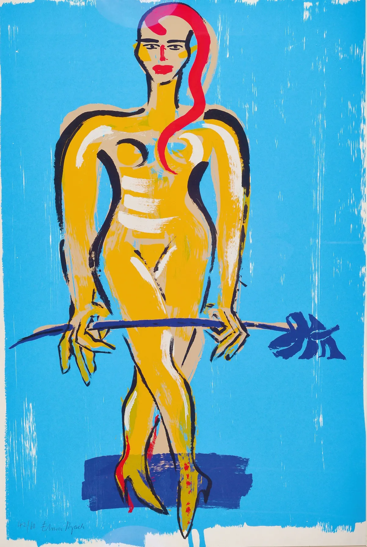 Elvira Bach, nar. 1951, žena s anturií, barevný serigraf, ručně sign. a čísl. 42/60, cca