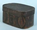 Wooden box – floral ornament decor on brown ground, oval, 14 x 25 x 19 cm, probably 18th c.