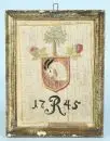 Tableau brodé, 18e s. – env. 20 x 15 cm, armoiries avec tête de bouc, daté 1745, R