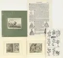 Gravures sur cuivre, 4 pièces et 1 gravure sur bois – formats divers (plus grande feuille 41,5 x 27,5 cm), "Motifs de personnes et de plantes",…