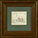 Omtrekets, begin 19e eeuw – handgekleurd, 7 x 8 cm, "Tandarts met patiënten", in de stijl van Thomas Rowlandson, R;