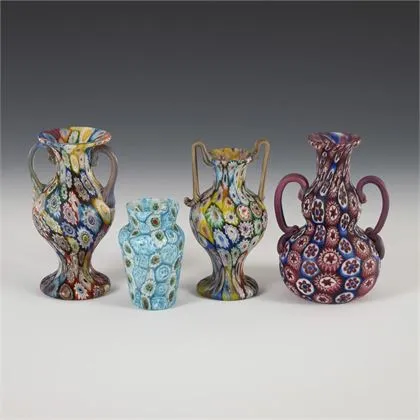 4 malé Millefiori vázy. Murano