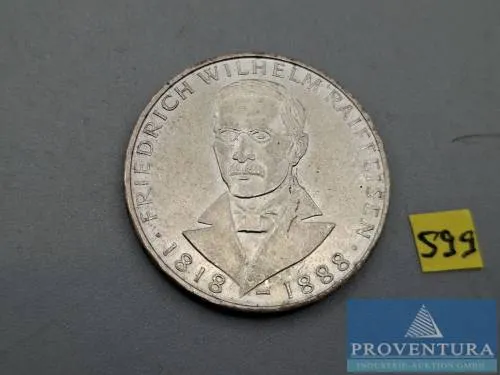 Stříbrná mince Spolková republika Německo 5 DM Friedrich Wilhelm Raiffeisen 1968 vz stříbro .625 11,2 gr hrubá hmotnost