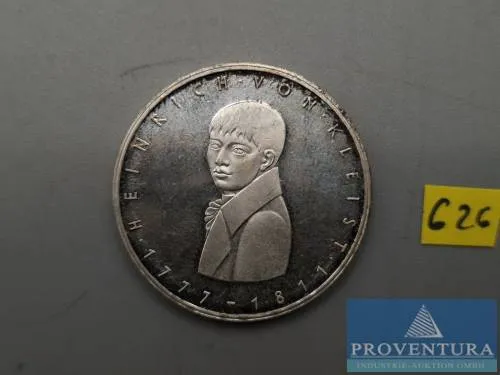 Silbermünze Bundesrepublik Deutschland 5 DM Heinrich von Kleist 1977 vz aus pp Silber .625 11.2 gr Rauhgewicht