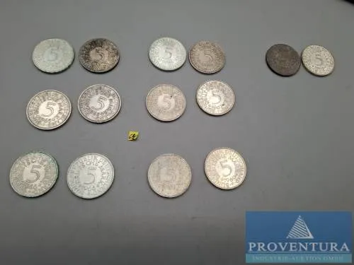 Серебряные монеты Федеративной Республики Германия 14x 5 DM Серебряный орёл 1964-1969 серебро .625 11,2 г общий вес