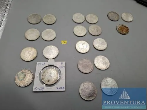 Silver coins Federal Republic of Germany 21x 5 DM Silver Eagle 1970-1974 Silver .625 11.2 g Gross weight