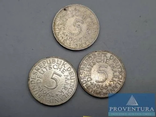 Silver coins Federal Republic of Germany 5 DM 1964J 1966F 1970J silver .625 gross weight 11.2 gr