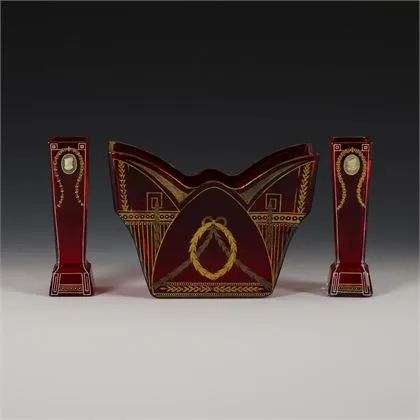 Jugendstil-Jardiniere und 2 -Vasen. Riedel