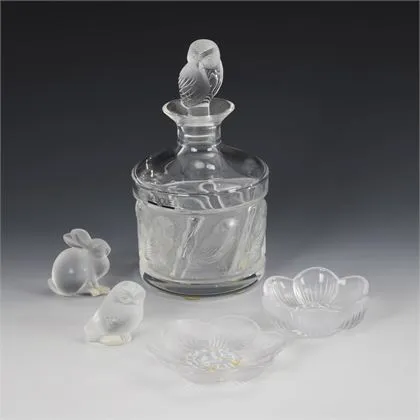 Karaffe, 2 Blütenschalen, Hase und Eule. Lalique