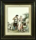 Žánrový malíř 19. století – Akvarel, 20 x 18 cm, "Mladý pár u kašny", sign. vlevo dole nečitelně, dat. na rubu 1865, francouzský nápis, skvrny, R