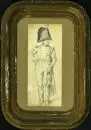 Peintre militaire du 19e s. – Dessin au crayon, 36 x 14 cm, "Soldat napoléonien", signature illisible, brunie, tachée, R;