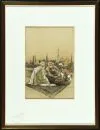 Orientalischer Künstler des 20. Jh. – Farbkreide-Mischtechnik, 22 x 19,5 cm, "Drei Männer vor Stadtkulisse", u.r. undeutl. sign., gebräunt, R;