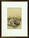 Artiste oriental du 20e s. – Technique mixte à la craie de couleur, 22 x 19,5 cm, "Trois hommes devant un décor urbain", signé en bas à droite de manière illisible, bruni, R;
