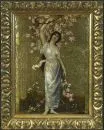 Decorative painter of the 19th/20th century – Oil/leather, embossed and partially gilded, on panel, 29.5 x 22 cm, "Young Woman with Blossoming Branches"
