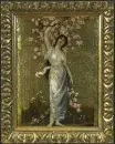 Peintre décorateur des 19e/20e siècles – Huile/cuir, repoussé et partiellement doré, sur panneau, 29,5 x 22 cm, "Jeune femme avec branches fleuries"