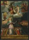 17e-eeuwse religieuze schilder – Olieverf/hout, 89 x 63 cm, "Madonna della Misericordia", barsten, gerestaureerd, zonder lijst