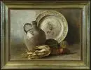 Kalisch, E., artiste du 19e s. – Huile/toile sur carton, 33 x 46 cm, "Nature morte avec épis de maïs, courges et vaisselle", signée en bas à droite, datée 1899