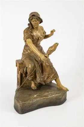 Zittende boerin met spinnewiel. Wiener Manufaktur Friedrich Goldscheider