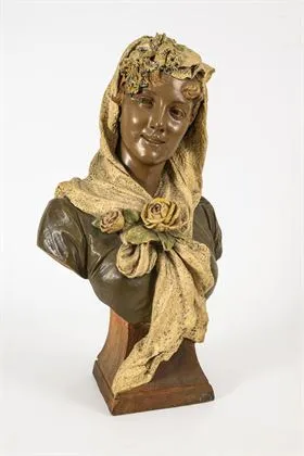 Buste van een dame met rozenversiering. Weense manufactuur Friedrich Goldscheider