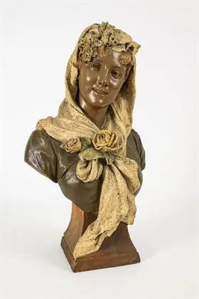 Buste van een dame met rozenversiering. Weense manufactuur Friedrich Goldscheider
