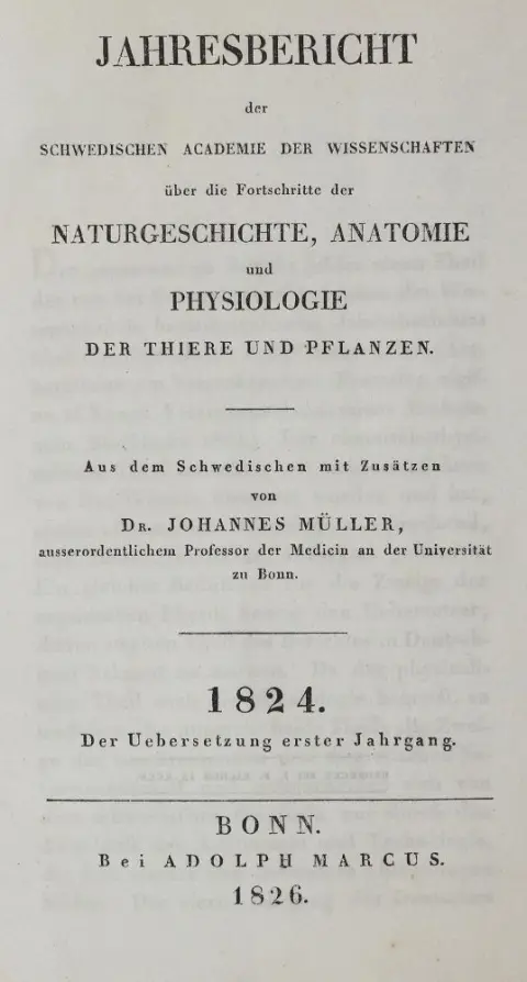 Müller,J. (tłum.). – Roczne sprawozdanie Szwedzkiej Akademii Nauk o postępach w historii naturalnej, anatomii