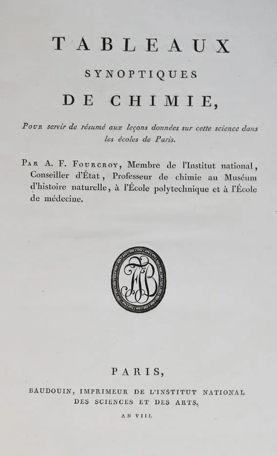 Fourcroy,A.F. – Tableaux synoptiques de chimie, pour servir de rsum aux lecons donnes sur cette science dans les coles de Pari