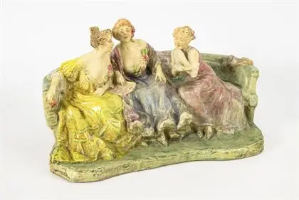 Jugendstil beeldengroep "Klatsch und Tratsch". Edmond Lachenal Céramiste en Agnes de Frumerie