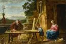 19th c. copyist – Oil/canvas, relined, 40 x 60 cm, "Holy Family in the Workshop", after A. Caracci, restored, unframed