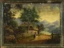 Landschaftsmaler des 19. Jh. – Öl/Holz, 24 x 32 cm, "Berglandschaft mit Hof und Magd";