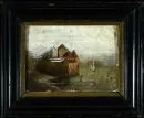 Krajinář 19. stol. – olej/karton, 8 x 10,5 cm, "Zámek Chillon", ztráty barvy a retuše
