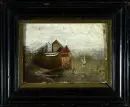 Peintre paysagiste du XIXe s. – huile/carton, 8 x 10,5 cm, "Château de Chillon", manques de couleur et retouches