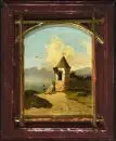 Peintre paysagiste du 19e s. – Huile/toile, 31 x 23 cm, format cintré, "Paysage avec tour et voyageur"