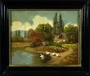 Peintre paysagiste des 19e/20e s. – Huile/carton, 32 x 41 cm, "Ferme avec oies", signature illisible en bas à droite, endommagé