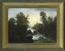 Landschapsschilder 19e/20e eeuw – Olie/doek, 72 x 99 cm, "Bergbeek met hut bij maanlicht"
