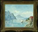 Peintre paysagiste du 20e s. – Huile/toile, 40 x 50 cm, "Lac de montagne avec bateaux", sign. illisible en bas à gauche