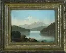 Monogramista 19. stol. – Olej/plech, 18 x 24 cm, "Alpské jezero s lodí", monogram vpravo dole "B. M.";