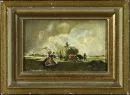 Monogrammist 19e/20e eeuw – Olie/papier op karton, 10,5 x 16 cm, "Boeren bij de hooioogst", monogram rechtsonder "E. F.", gedateerd 1918;
