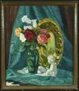 Monogramista 20. stol. – Olej/plátno, 59 x 50 cm, "Zátiší s růžemi, figurou a vypouklým talířem", nezřetelný monogram vlevo nahoře, datováno (19)27