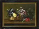 Neumann, artysta XX w. – Olej/płótno, 50 x 70 cm, "Stillleben mit Rosen, Veilchen und Weidenkätzchen in einem Bastkorb"
