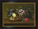 Neumann, umělec 20. stol. – Olej/plátno, 50 x 70 cm, "Stillleben mit Rosen, Veilchen und Weidenkätzchen in einem Bastkorb"