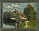 Schink, W., artysta XX w. – Olej/płótno, 36 x 50,5 cm, "Widok na miasteczko nad jeziorem pod koniec lata", sygn. prawy dolny