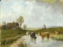 Schleich, Robert, 1845 - 1934 Munich – Oil/cardboard, 11.5 x 15.5 cm, "Cattle in the Furth", signed lower right, without frame, ref.: Thieme-Becker, Bötticher, Benezit,…