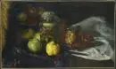 Peintre de natures mortes du 20e s. – Huile/toile de jute, 53 x 90 cm, "Nature morte avec fruits et conserves", partie doublée, sans cadre