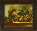 Peintre de natures mortes, 1re moitié du 20e s. – Huile/carton, 35,5 x 44 cm, "Nature morte de fruits avec cerises et poires"