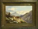 Thoma, Josef, 1828 - 1899 Vienne – Huile/toile, 70 x 106 cm, "Gebirgshof mit Figurenstaffage", signée en bas à gauche, petite partie doublée