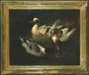19th/20th c. animal painter – Oil/canvas, 60 x 76 cm, "Three ducks and a toad", typographically inscribed "Kegyes Jozsef" on reverse, lined areas, small puncture