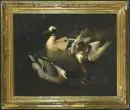 Peintre animalier des 19e/20e s. – Huile/toile, 60 x 76 cm, "Trois canards et un crapaud", au dos inscription typographique "Kegyes Jozsef", parties doublées, petite perforation