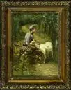Peintre animalier du 20e s. – Huile/bois, 18 x 13 cm, "Fille avec chèvre et charrette à bras"